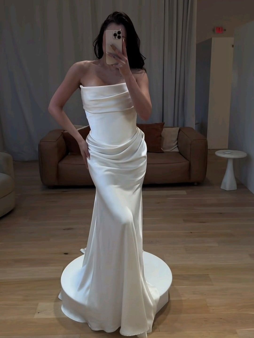 Modern Strapless Draped Satin Mermaid Wedding Dress