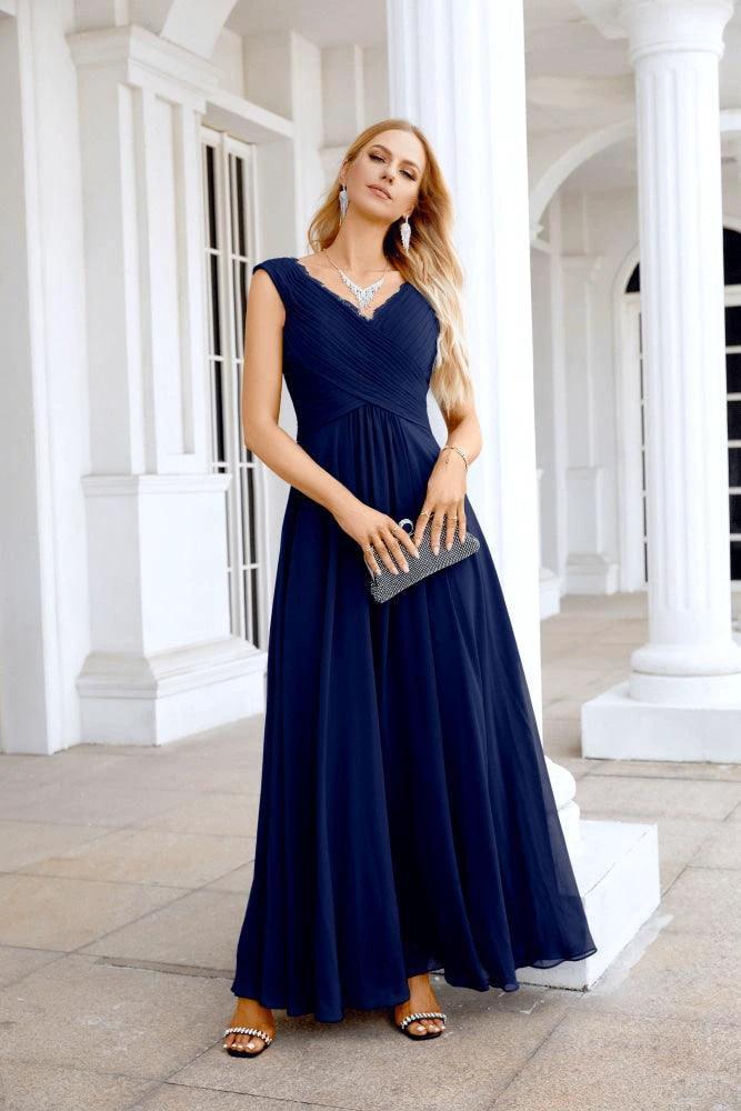 Ladies Chiffon V Neck Sleeveless Floor Length Bridesmaid Evening Dress Wedding Party Evening Dress 28126 by numbersea