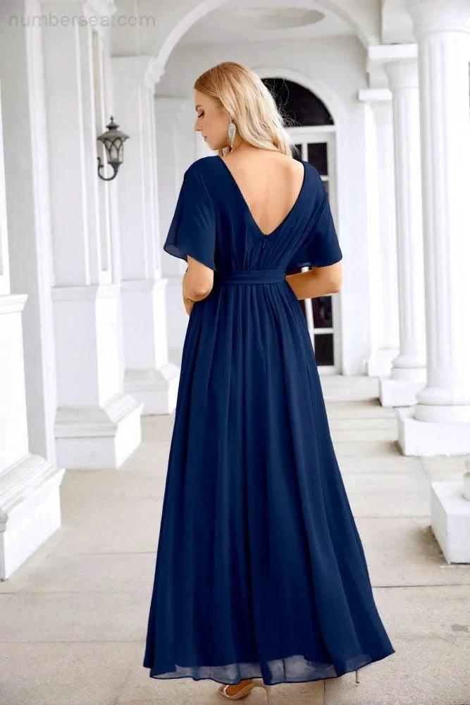 Ladies Chiffon Sleeve Crew Neck Front Slit Floor Length Bridesmaid Evening Dress Wedding Party Evening Dress 28124 (ZD17007)