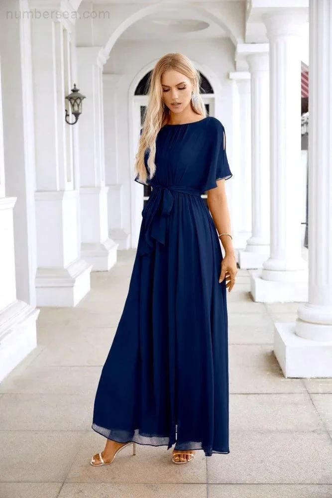 Ladies Chiffon Sleeve Crew Neck Front Slit Floor Length Bridesmaid Evening Dress Wedding Party Evening Dress 28124 (ZD17007)