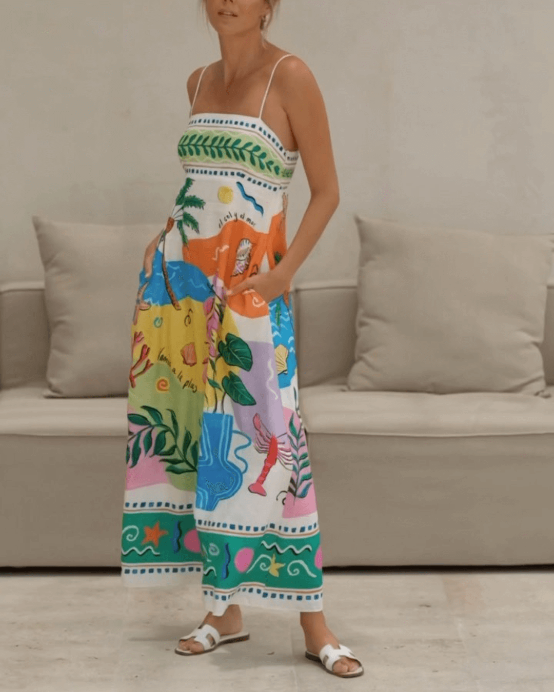 Linen Blend Unique Print Smocked Back Pocket Maxi Dress - Fashionpara