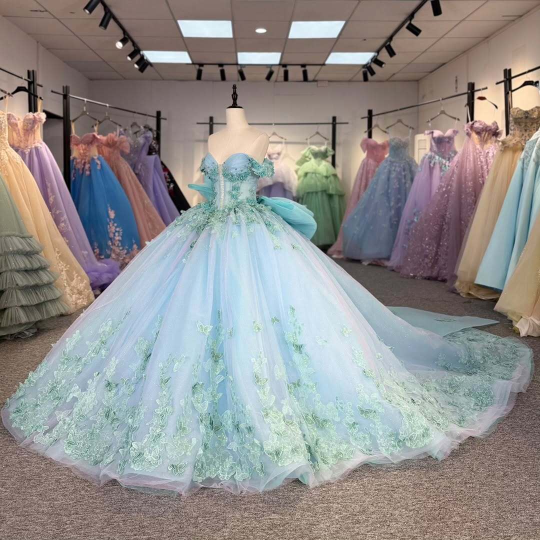 Charming A Line Off the Shoulder Light Blue Quinceanera Dress with Appliques Bowknot