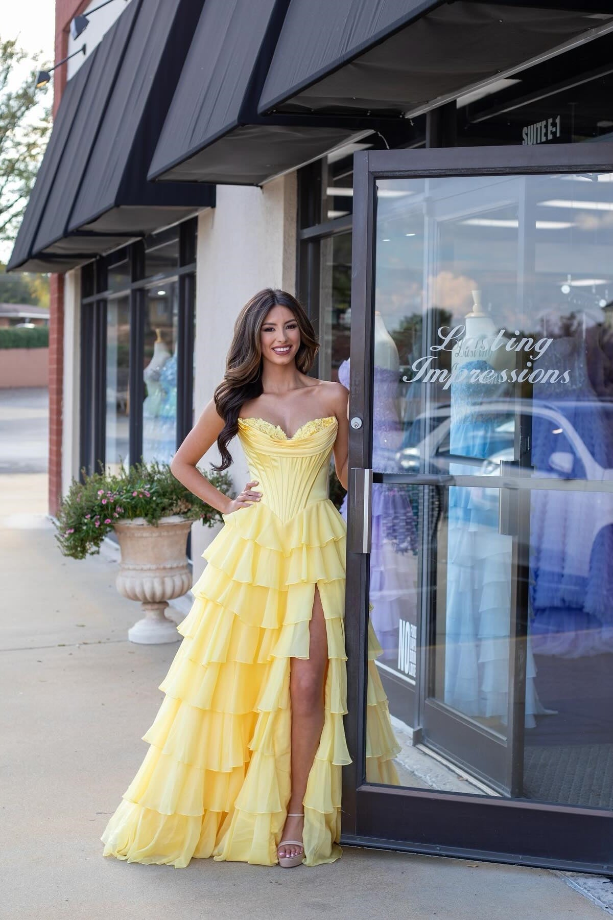 Lovely Yellow A-Line Sweetheart Long Tiered Prom Dress with Slit - View 11 | FashionDia