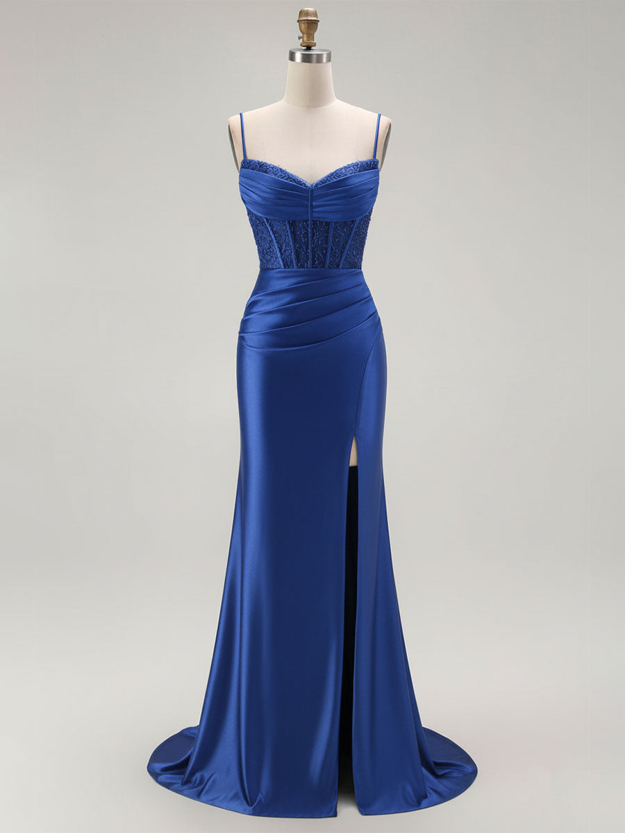Sparkly Satin Mermaid Long Corset Prom Dress with Beading - FashionDia