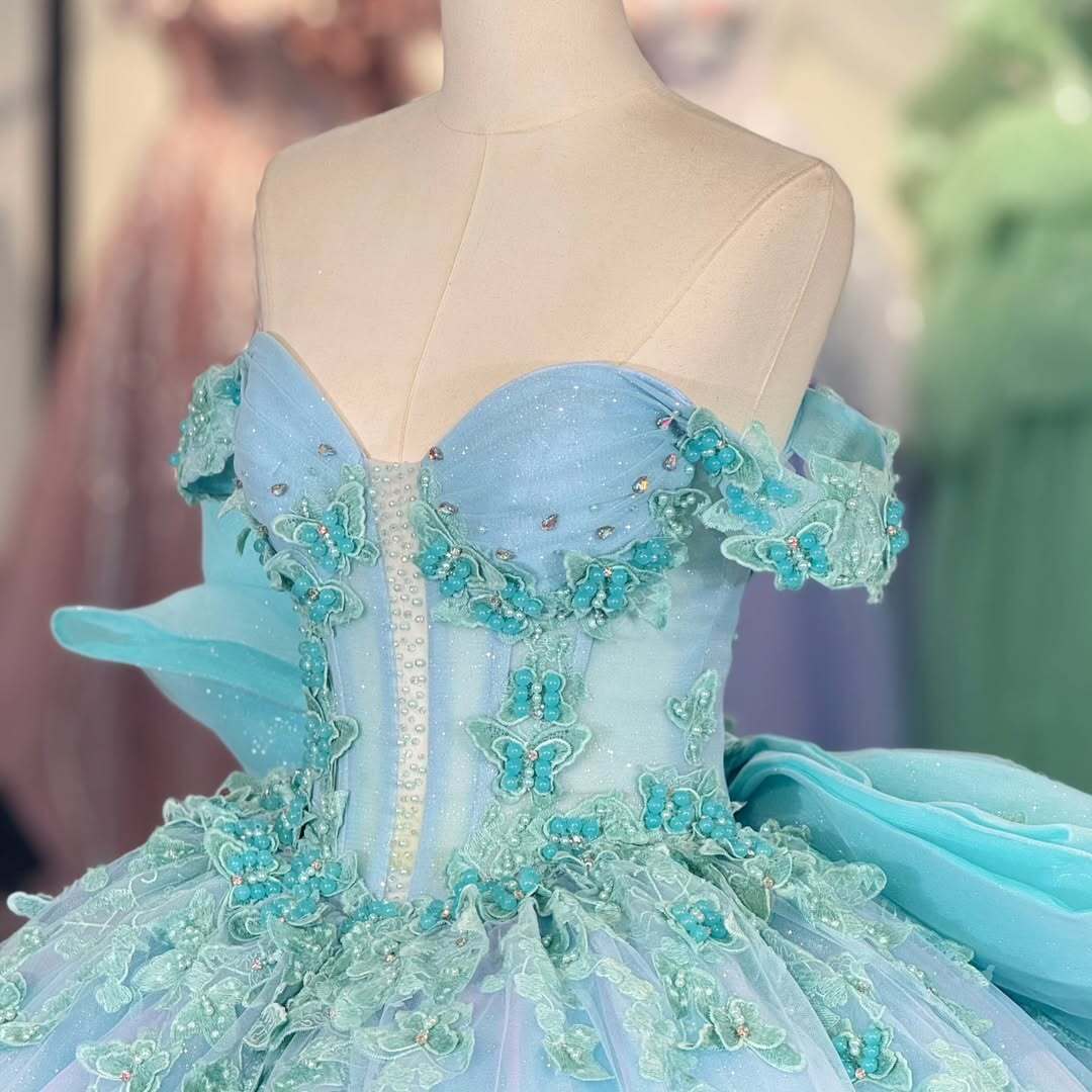 Charming A Line Off the Shoulder Light Blue Quinceanera Dress with Appliques Bowknot
