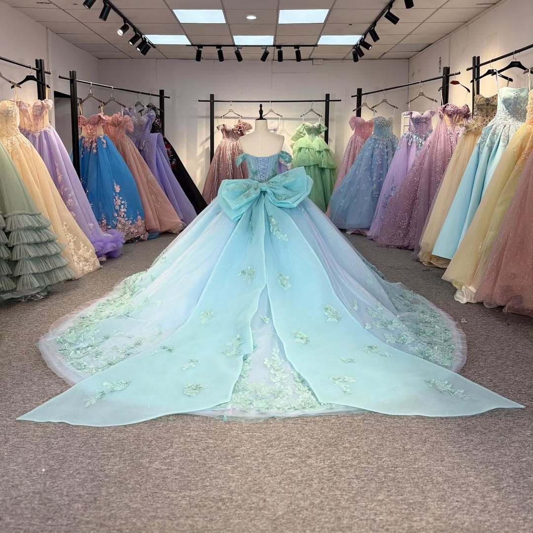Charming A Line Off the Shoulder Light Blue Quinceanera Dress with Appliques Bowknot