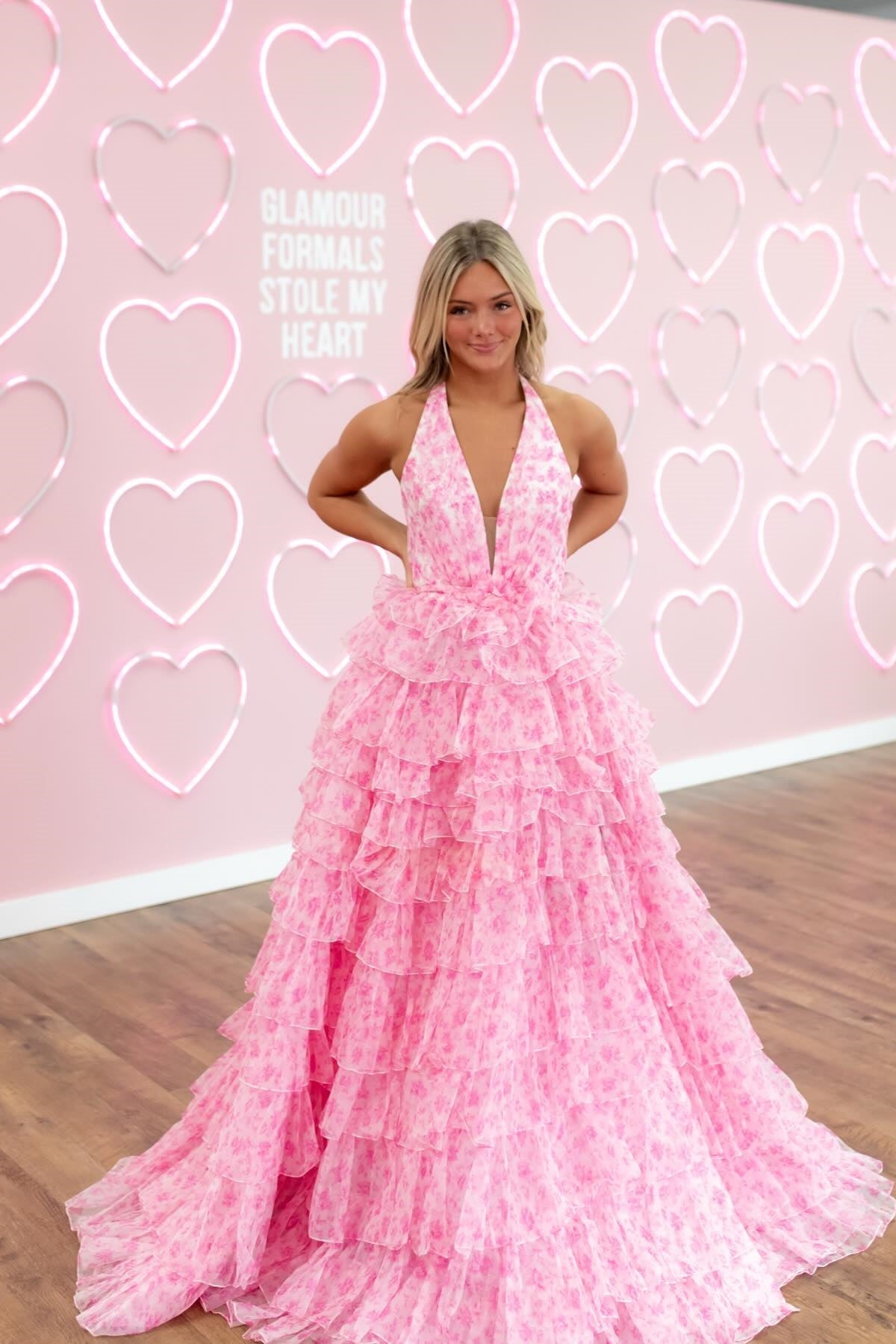 Charming A Line Halter Neck Pink Printed Long Prom Dress with Open Back