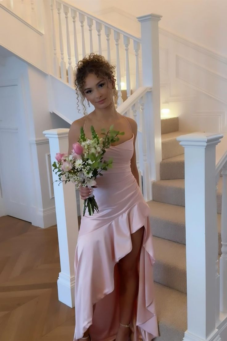 Spaghetti Straps Pink Ruffle Long Dress with Slit J8867