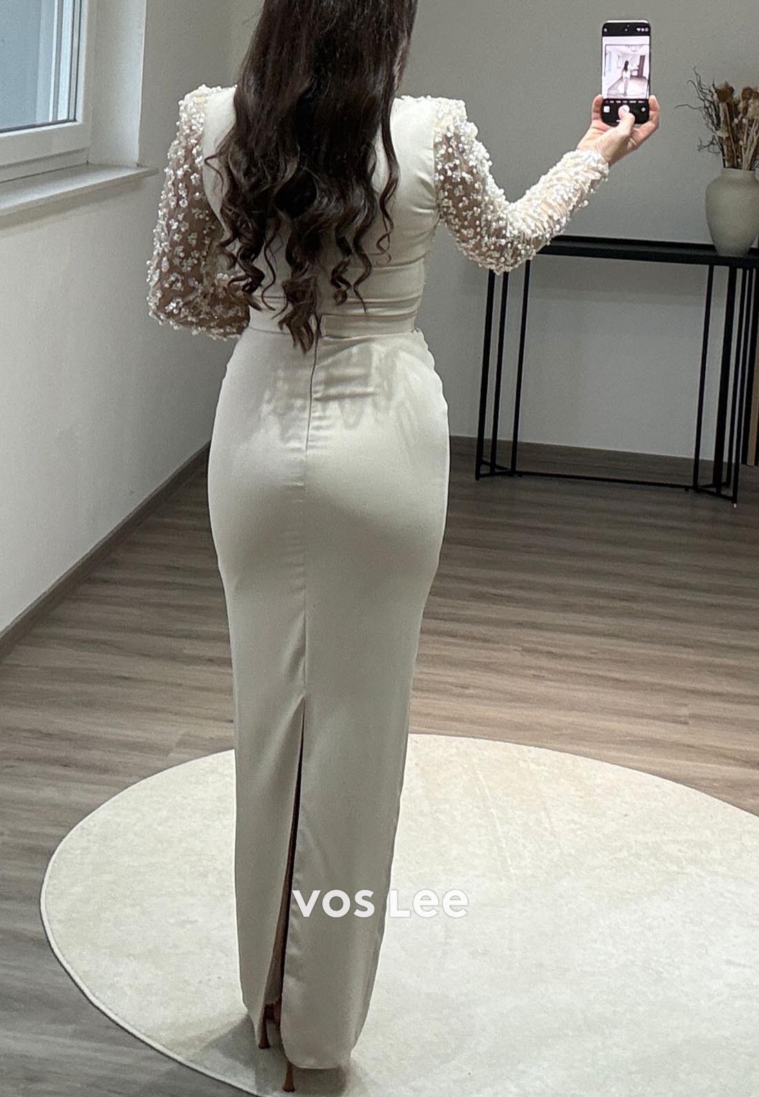 Beading Long Sleeve Scoop Floor-Length Column Formal Evening Dresses