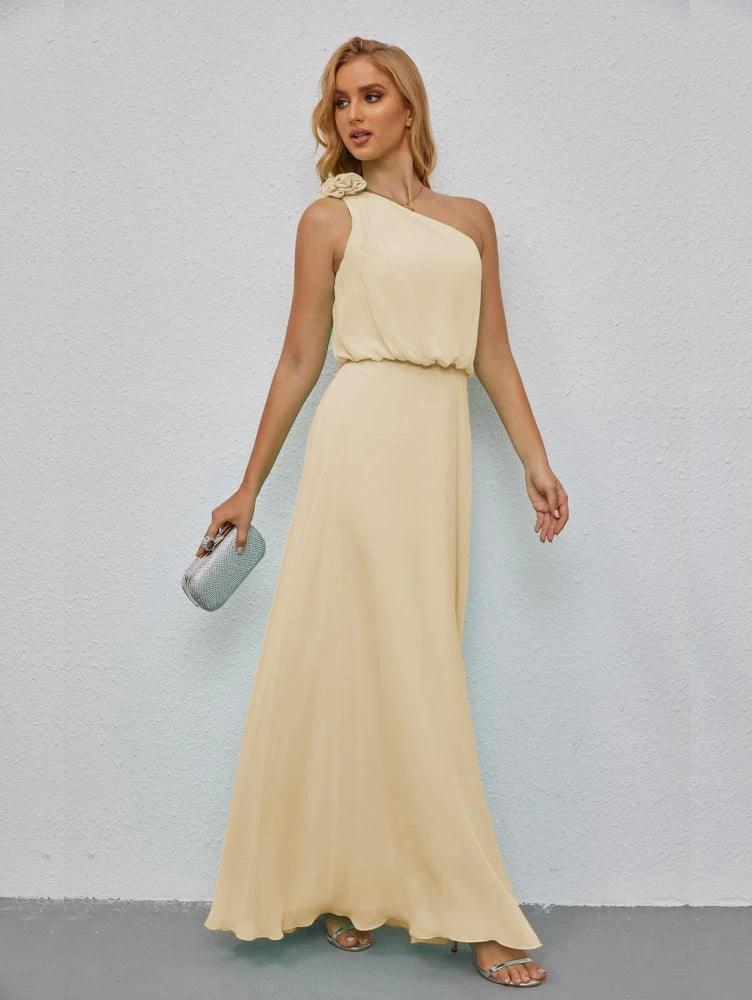 Ruffled One Shoulder Sleeveless Long Bridesmaid Dresses A-line Formal Evening Gown Side Split 28080 by numbersea