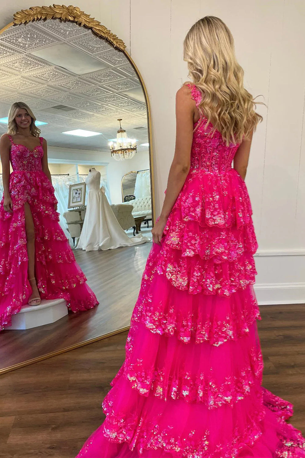 Sparkly Hot Pink A-Line Off The Shoulder Long Tiered Prom Dress With Appliques