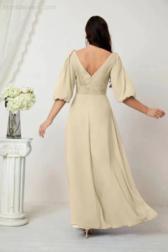 ZapDress Formal Prom Gown Women V-Neck Chiffon Bridesmaid Dresses Long Bishop Sleeve Party Dress 2807 (ZD17027)