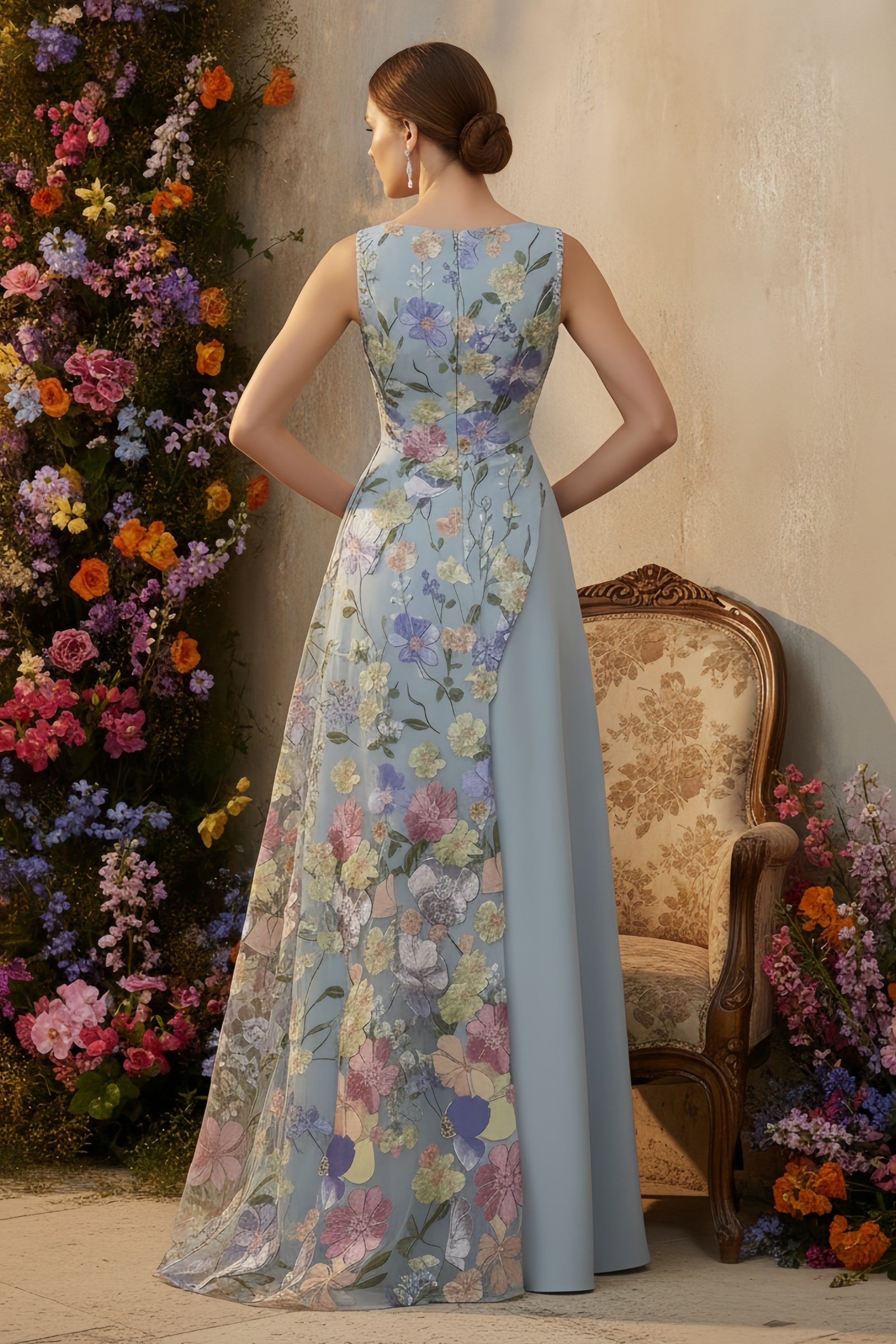 Floral Embroidered Asymmetrical Evening Gown with V-Neckline