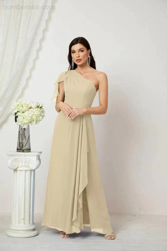 ZapDress Chiffon Ruffled One Shoulder Long Bridesmaid Dresses A-line Formal Evening Gown Side Split 2809 (ZD17049)