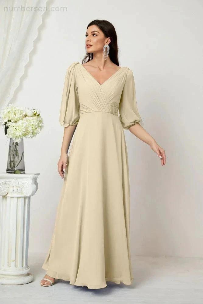 ZapDress Formal Prom Gown Women V-Neck Chiffon Bridesmaid Dresses Long Bishop Sleeve Party Dress 2807 (ZD17027)