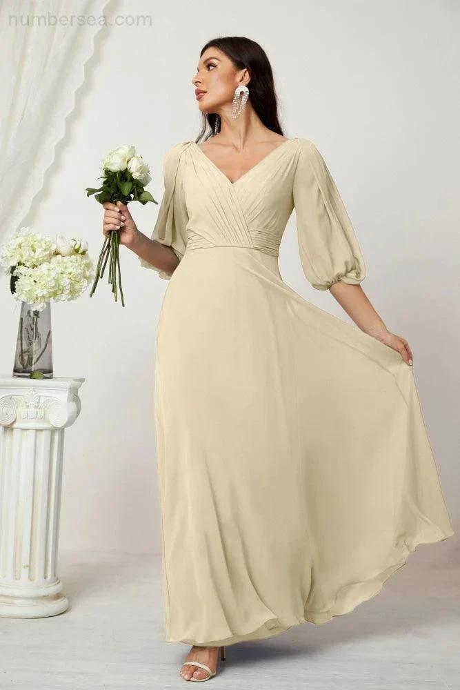 ZapDress Formal Prom Gown Women V-Neck Chiffon Bridesmaid Dresses Long Bishop Sleeve Party Dress 2807 (ZD17027)