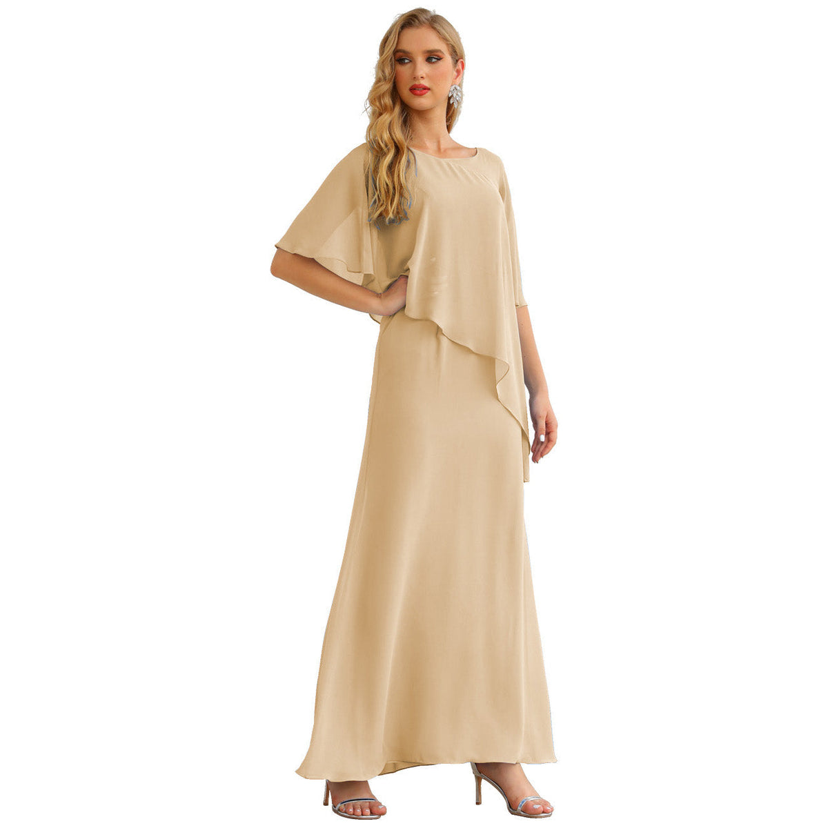 Sunnderly Chiffon Plus Size Mother of The Bride Dresses Formal Prom Gown Ruffle Cape - View 13 | VelvetHem