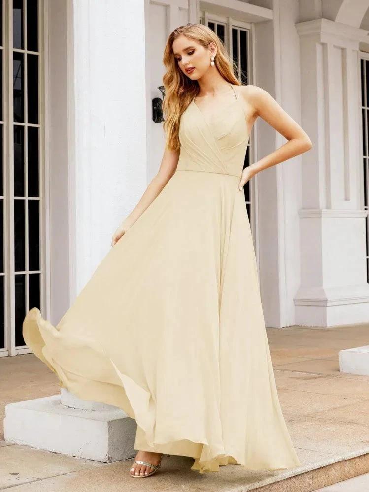 Numbersea Halter Chiffon Bridesmaid Dresses Wedding Appare Sleeveless Formal Prom Dress with Ruffled Back 28035 by numbersea