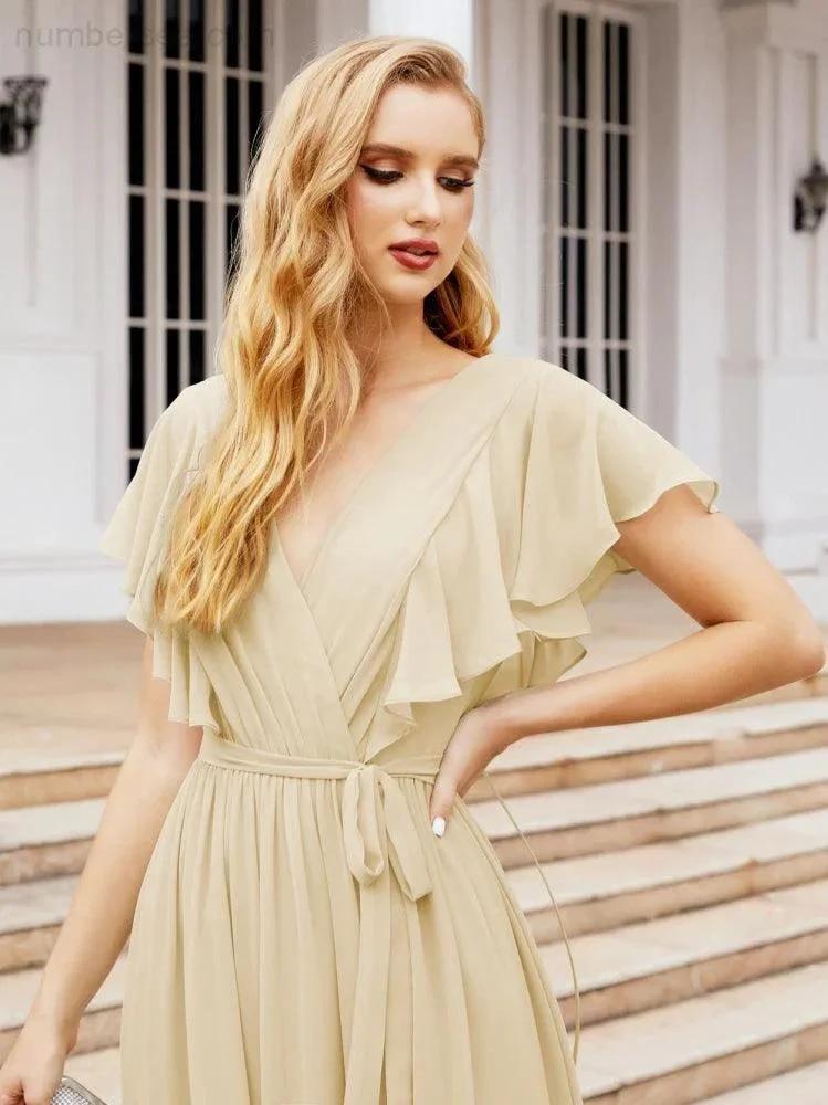 ZapDress Women's Open Back Formal Evening Party Prom Gowns V-Neck Long Chiffon Bridesmaid Dresses with Waist Belt 28038 (ZD17000)