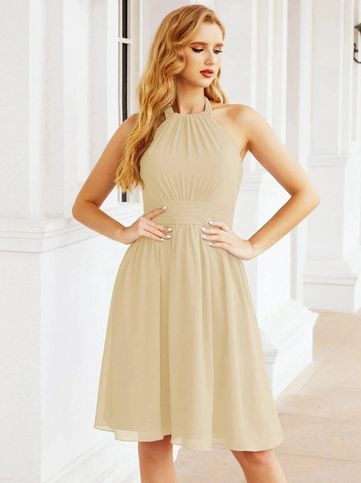 ZapDress Halter Chiffon Bridesmaid Dresses Short Sleeveless Formal Party Dress Open Back 28023 (ZD16957)