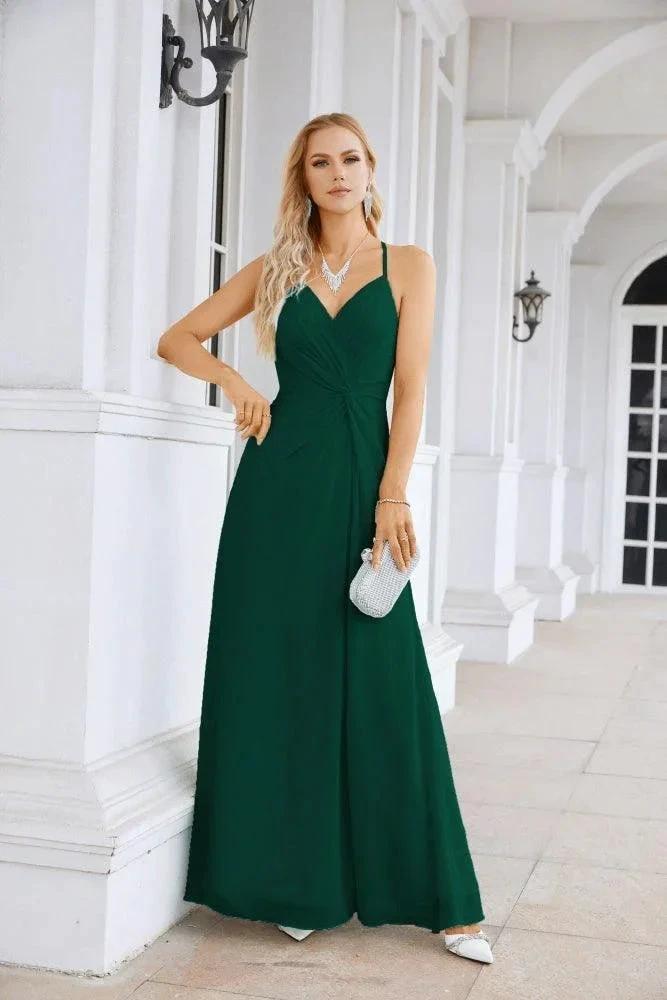 Ladies Chiffon Spaghetti Strap V Neck Front Slit Floor Length Bridesmaid Evening Dress Prom Party Wedding Evening Dress 28116 by numbersea