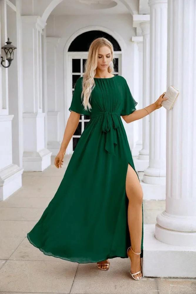 Ladies Chiffon Sleeve Crew Neck Front Slit Floor Length Bridesmaid Evening Dress Wedding Party Evening Dress 28124 by numbersea