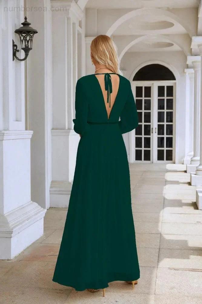 Ladies V Neck Chiffon Long Sleeve Front Slit Bridesmaid Evening Dress Wedding Party Shopping Evening Dress 28109 (ZD16991)