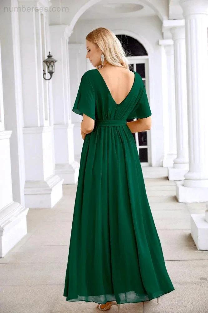 Ladies Chiffon Sleeve Crew Neck Front Slit Floor Length Bridesmaid Evening Dress Wedding Party Evening Dress 28124 (ZD17007)