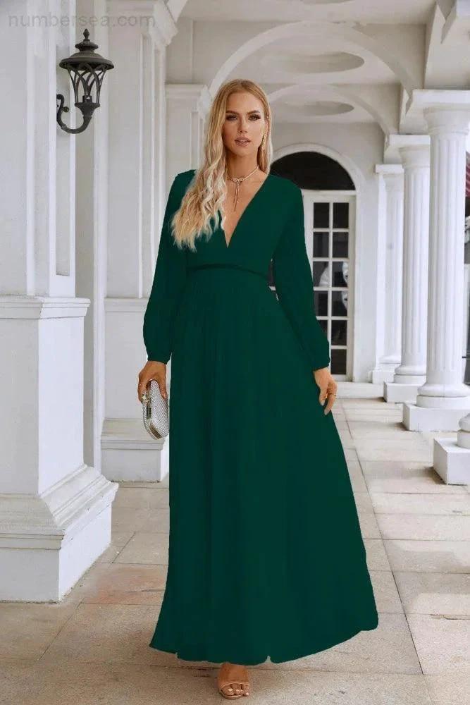Ladies V Neck Chiffon Long Sleeve Front Slit Bridesmaid Evening Dress Wedding Party Shopping Evening Dress 28109 (ZD16991)