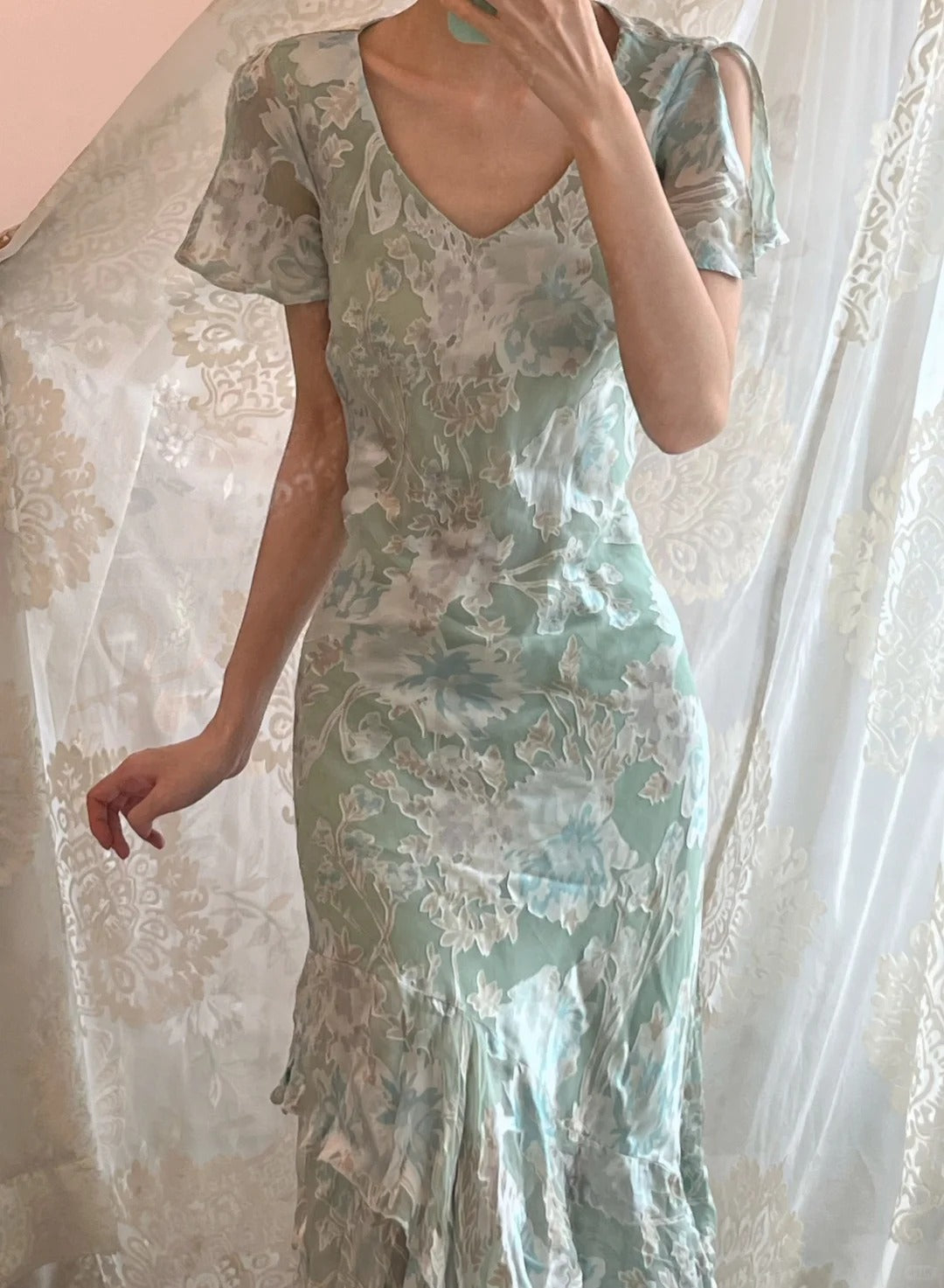 Sweet Light Green Floral Print Ruffled V-Neck Chiffon Long Prom & Evening Dress - FashionDia