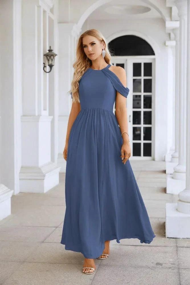 Ladies Chiffon Off Shoulder Swing Sleeve Front Slit Bridesmaid Evening Dress Wedding Party Evening Dress 28117 by numbersea