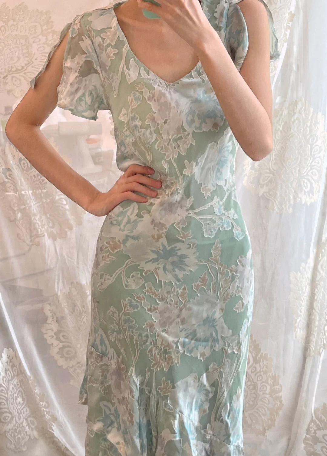 Sweet Light Green Floral Print Ruffled V-Neck Chiffon Long Prom & Evening Dress - View 2 | FashionDia