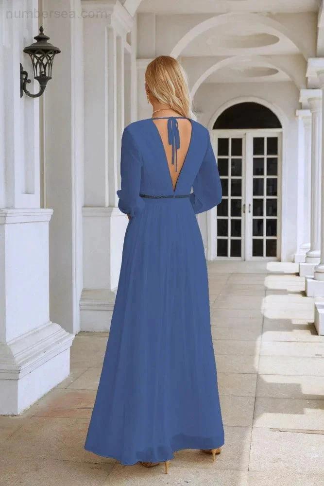 Ladies V Neck Chiffon Long Sleeve Front Slit Bridesmaid Evening Dress Wedding Party Shopping Evening Dress 28109 (ZD16991)