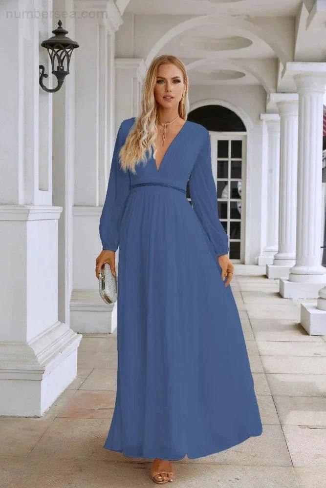 Ladies V Neck Chiffon Long Sleeve Front Slit Bridesmaid Evening Dress Wedding Party Shopping Evening Dress 28109 (ZD16991)