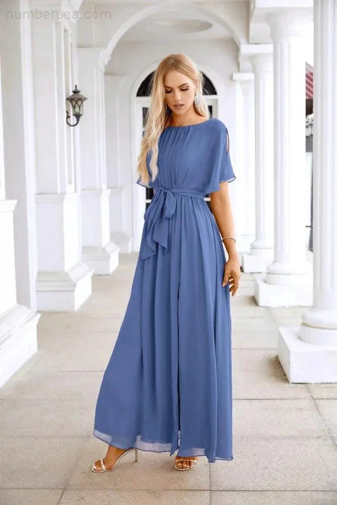 Ladies Chiffon Sleeve Crew Neck Front Slit Floor Length Bridesmaid Evening Dress Wedding Party Evening Dress 28124 (ZD17007)