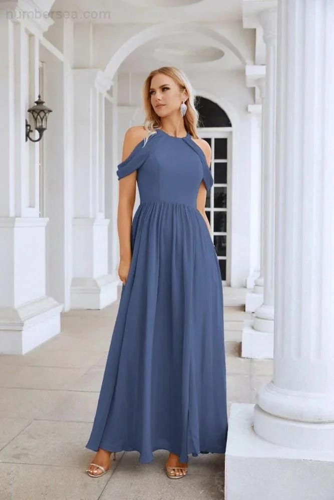 Ladies Chiffon Off Shoulder Swing Sleeve Front Slit Bridesmaid Evening Dress Wedding Party Evening Dress 28117 (ZD17011)