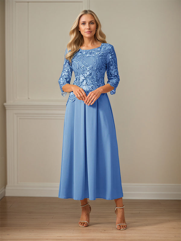 Crew Neck A Line Ruffle Ruched Lace Maxi Dress Mother Of The Bride Dress
