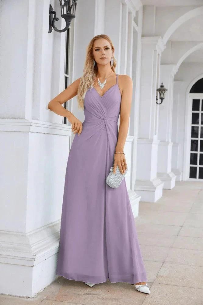 Ladies Chiffon Spaghetti Strap V Neck Front Slit Floor Length Bridesmaid Evening Dress Prom Party Wedding Evening Dress 28116 by numbersea