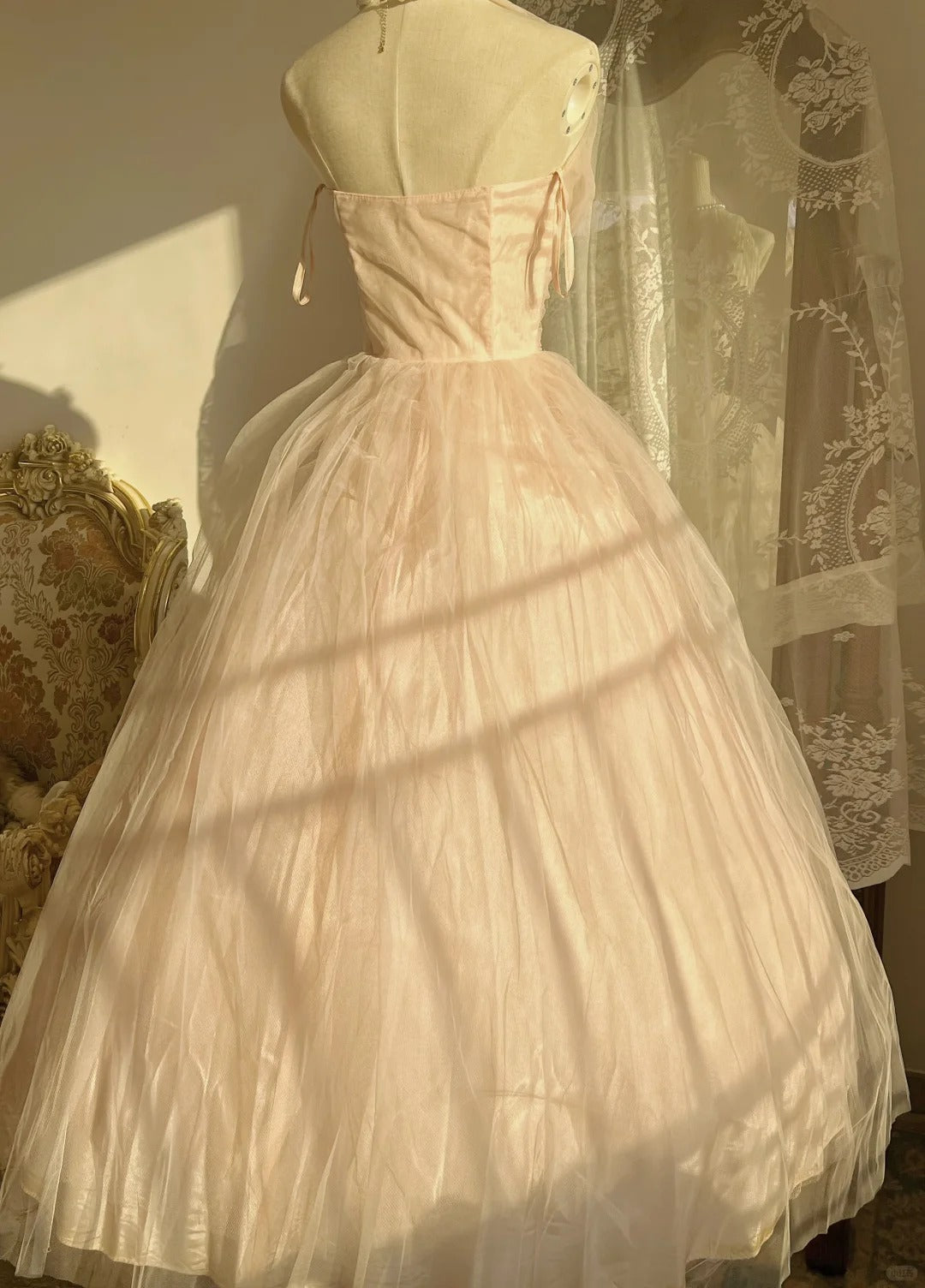Sweet Pink Halter Neck Tulle Long Ball Gown Evening Dress - View 2 | FashionDia