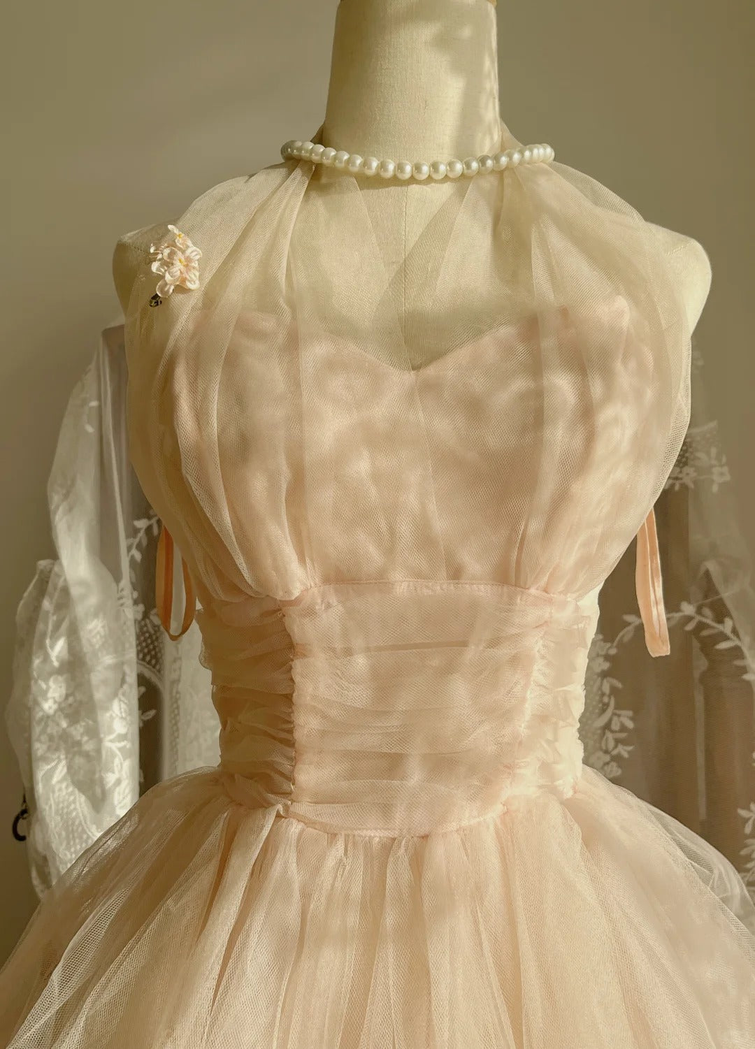 Sweet Pink Halter Neck Tulle Long Ball Gown Evening Dress - View 3 | FashionDia