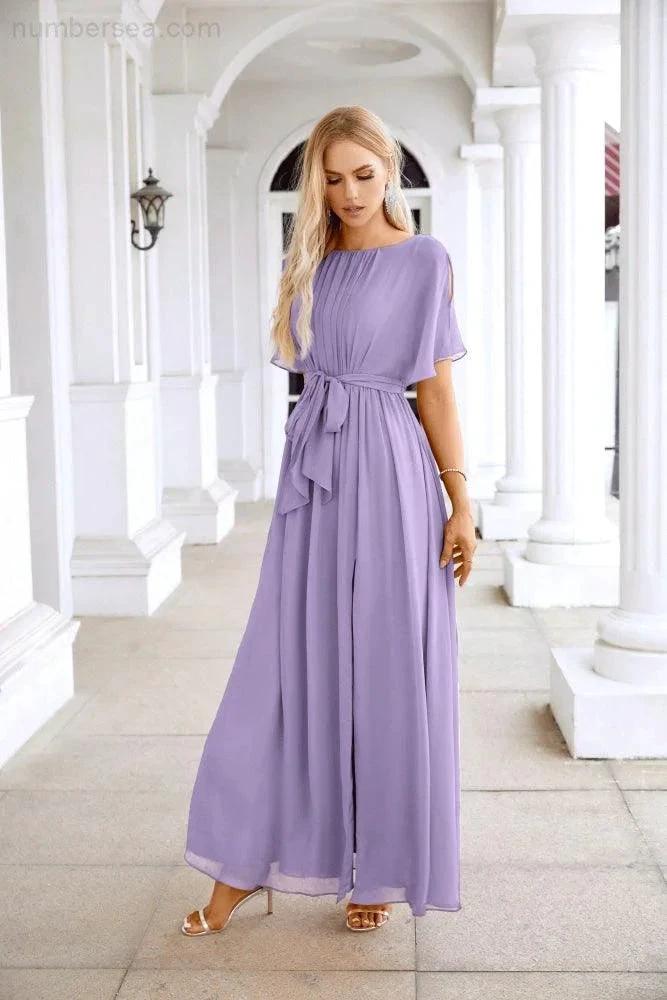 Ladies Chiffon Sleeve Crew Neck Front Slit Floor Length Bridesmaid Evening Dress Wedding Party Evening Dress 28124 (ZD17007)
