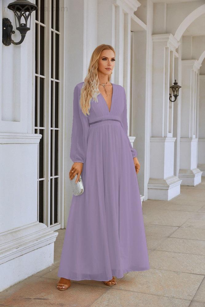 Ladies V Neck Chiffon Long Sleeve Front Slit Bridesmaid Evening Dress Wedding Party Shopping Evening Dress 28109 (ZD16991)