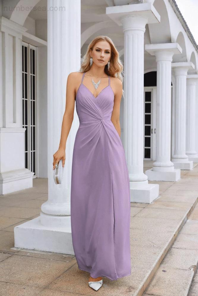 Ladies Chiffon Spaghetti Strap V Neck Front Slit Floor Length Bridesmaid Evening Dress Prom Party Wedding Evening Dress 28116 (ZD17012)