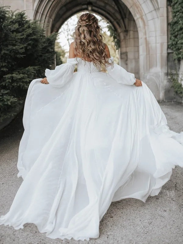 High Slit Off-the-Shoulder Puff Long Sleeve Chiffon A-Line Wedding Dress