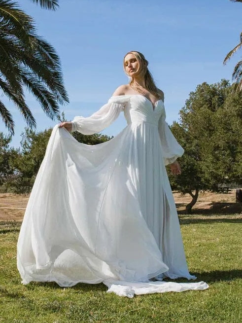 High Slit Off-the-Shoulder Puff Long Sleeve Chiffon A-Line Wedding Dress - View 3 | FashionDia