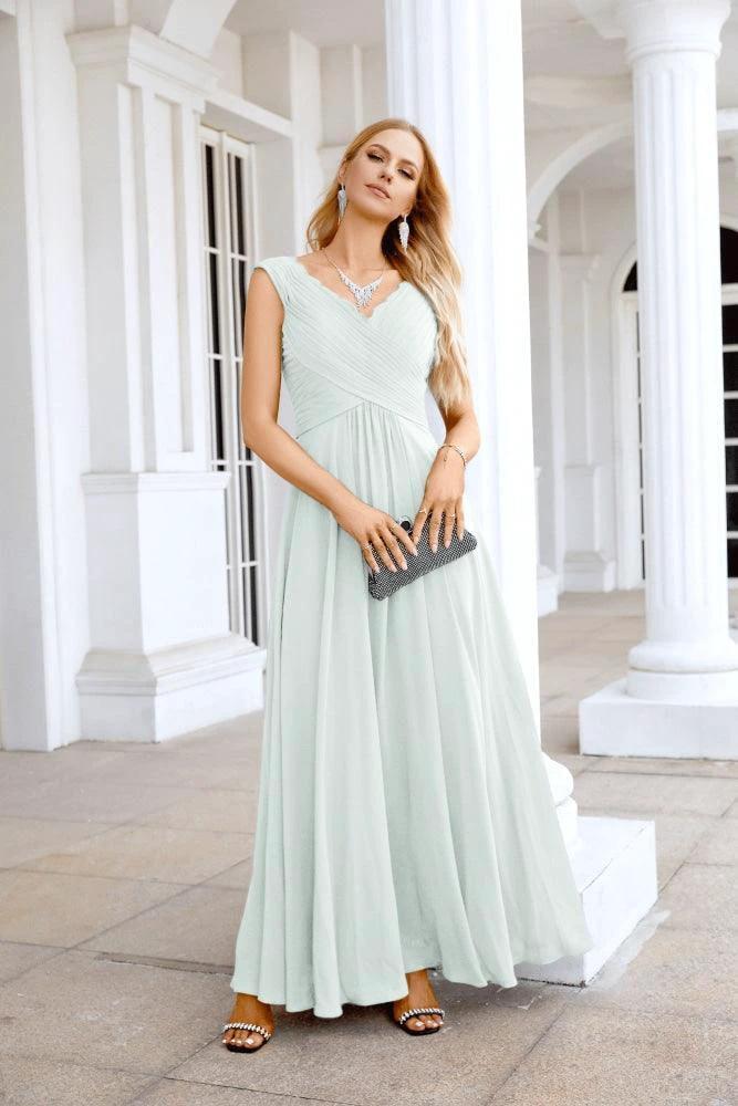 Ladies Chiffon V Neck Sleeveless Floor Length Bridesmaid Evening Dress Wedding Party Evening Dress 28126 by numbersea