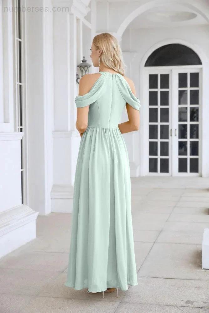 Ladies Chiffon Off Shoulder Swing Sleeve Front Slit Bridesmaid Evening Dress Wedding Party Evening Dress 28117 (ZD17011)