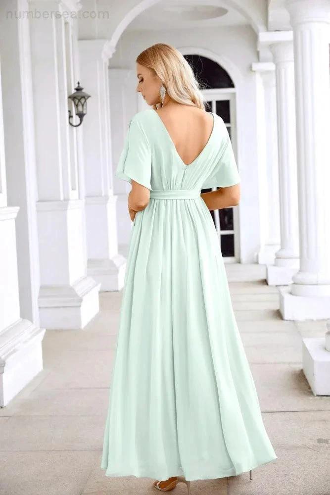 Ladies Chiffon Sleeve Crew Neck Front Slit Floor Length Bridesmaid Evening Dress Wedding Party Evening Dress 28124 (ZD17007)