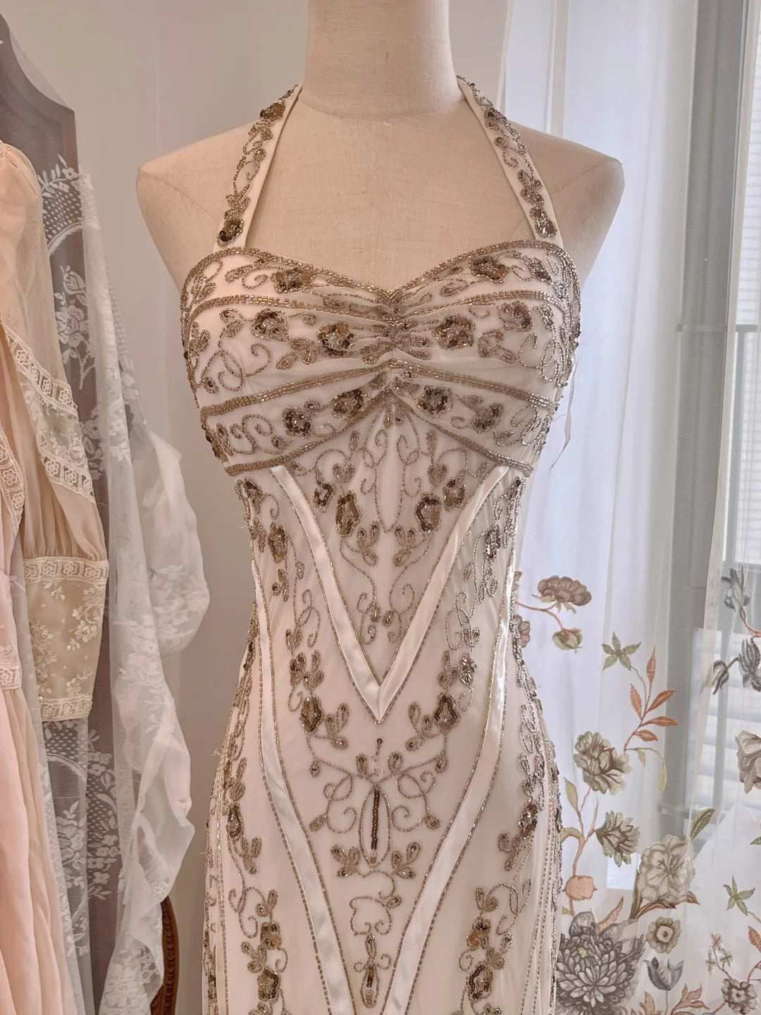 Vintage White Mermaid Halter Neck Beaded Backless Tulle Long Prom & Evening Dress - View 3 | FashionDia