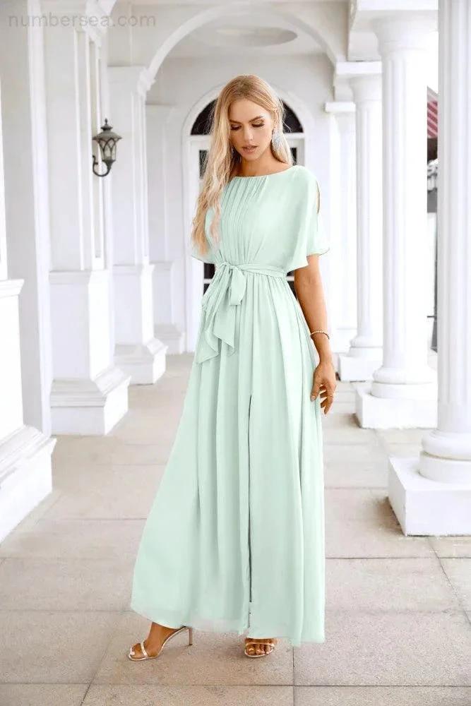 Ladies Chiffon Sleeve Crew Neck Front Slit Floor Length Bridesmaid Evening Dress Wedding Party Evening Dress 28124 (ZD17007)